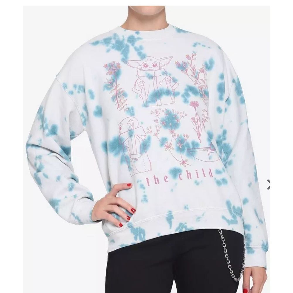 Star Wars The Mandalorian The Child Botanical Wash Sweatshirt White Tie Dye Nwot